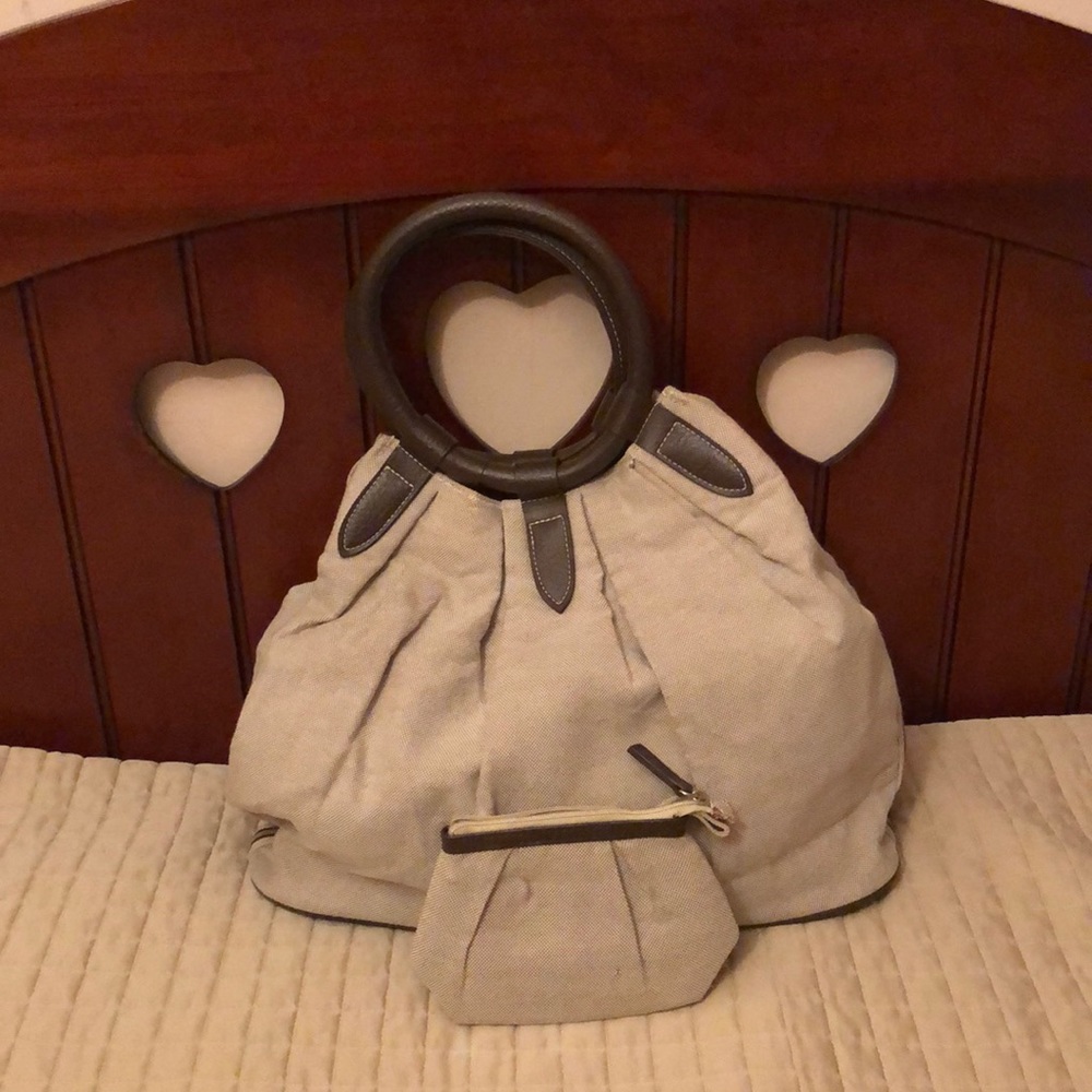 Estee Lauder Beige Canvas Handbag with Dark Brown Handles